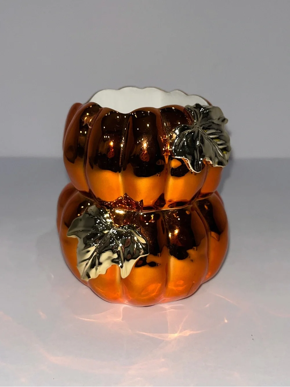 Bath & Body Works Metallic Orange Pumpkin Foaming Soap Holder with Gold Leaves